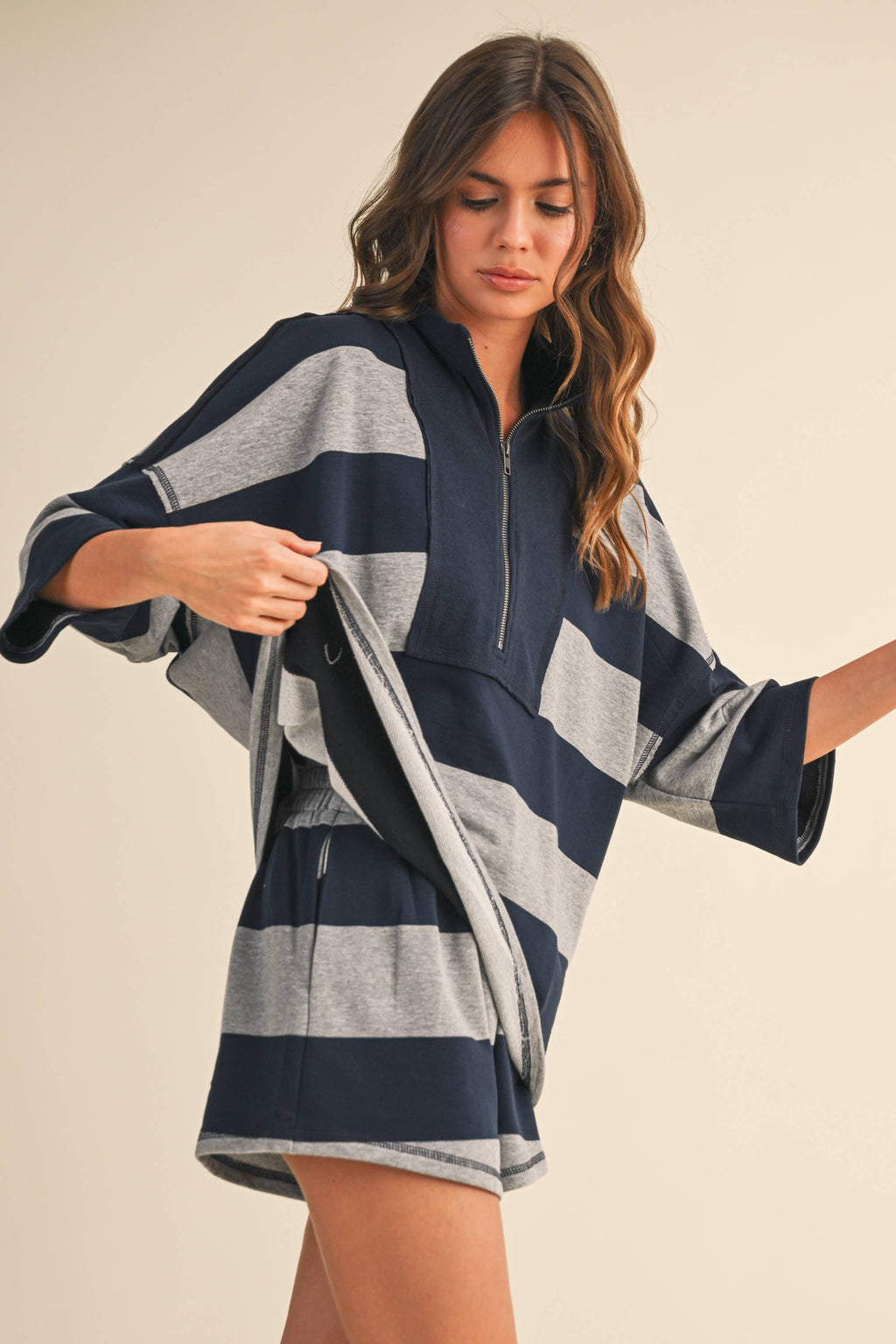 STRIPED ZIP UP OVERSIZED TOP AND SHORTS SET