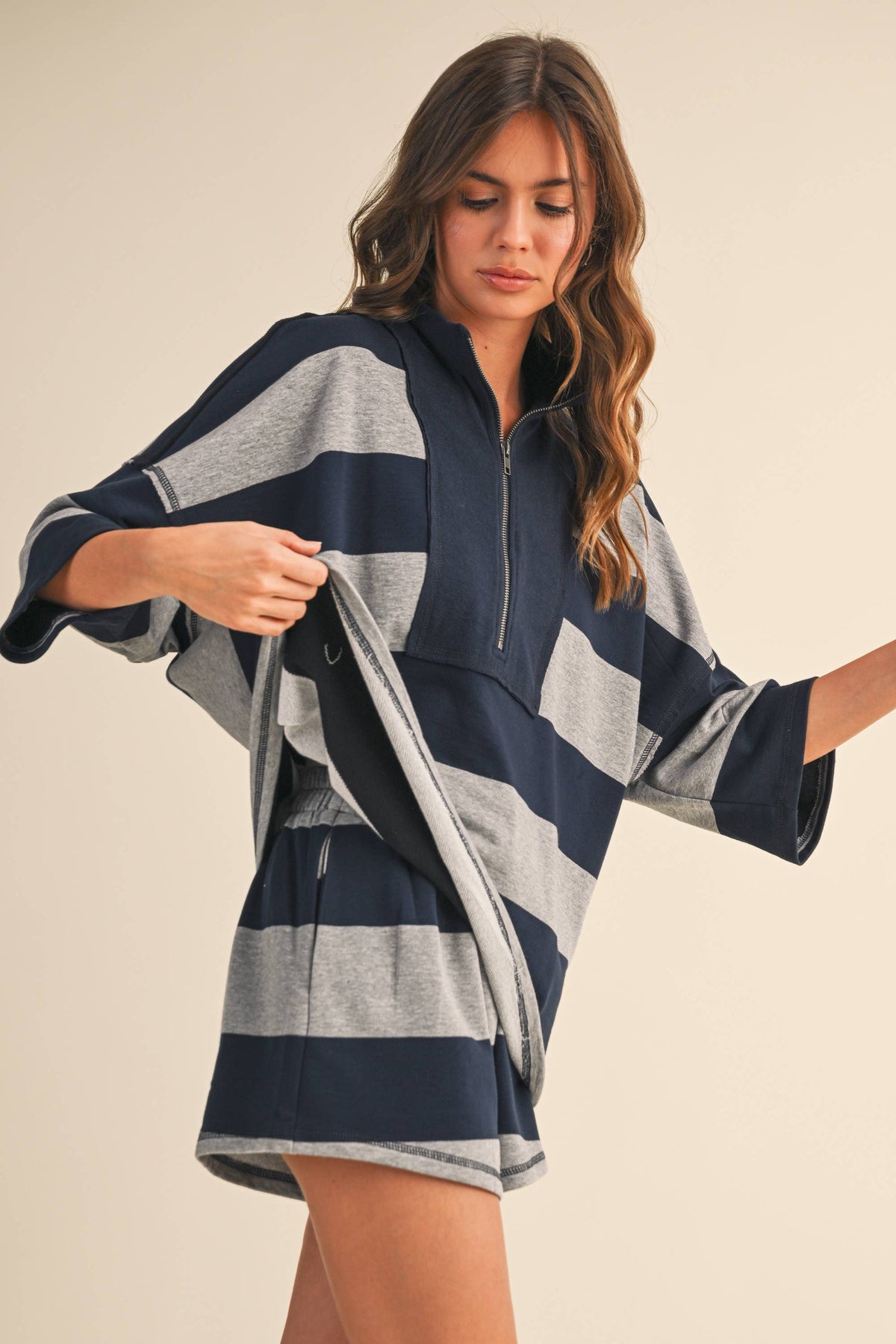 STRIPED ZIP UP OVERSIZED TOP AND SHORTS SET