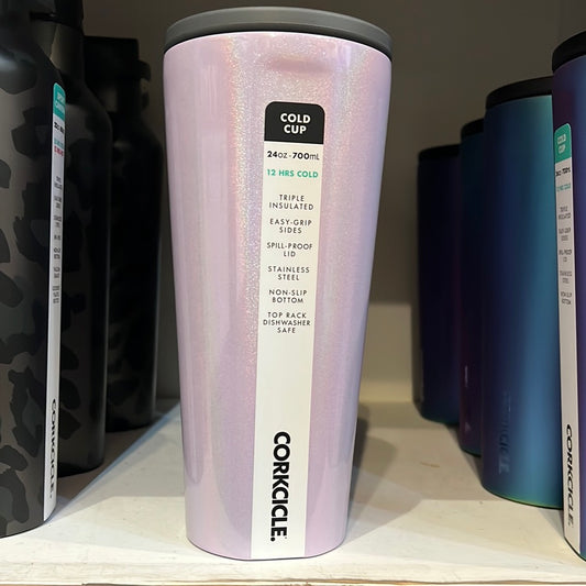 "Unicorn Lavender" Corkcicle Cold Cup with gray lid.