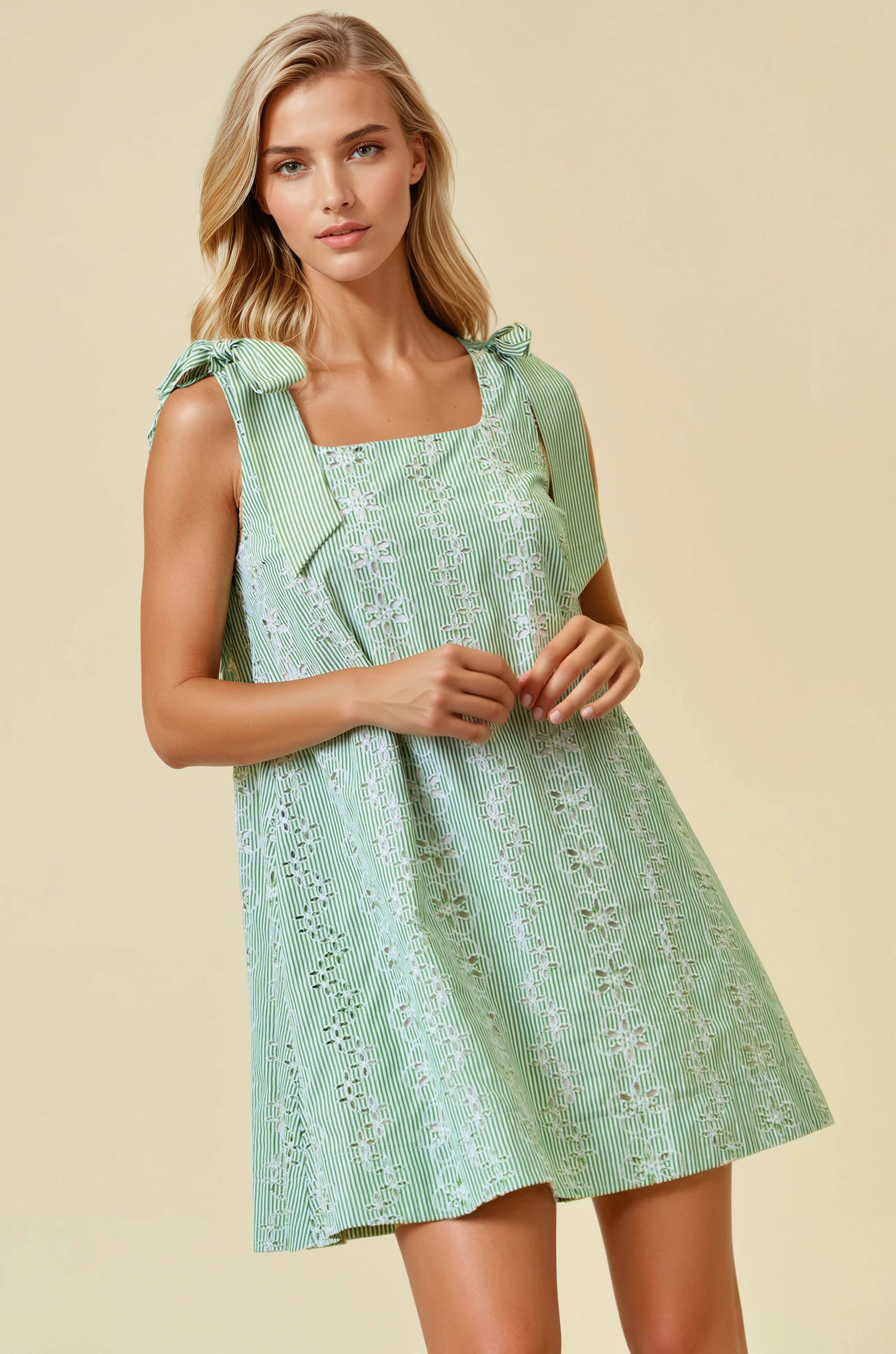 Doe and Rae - STRIPED EYELET TIE SHOULDER MINI DRESS - 28285D