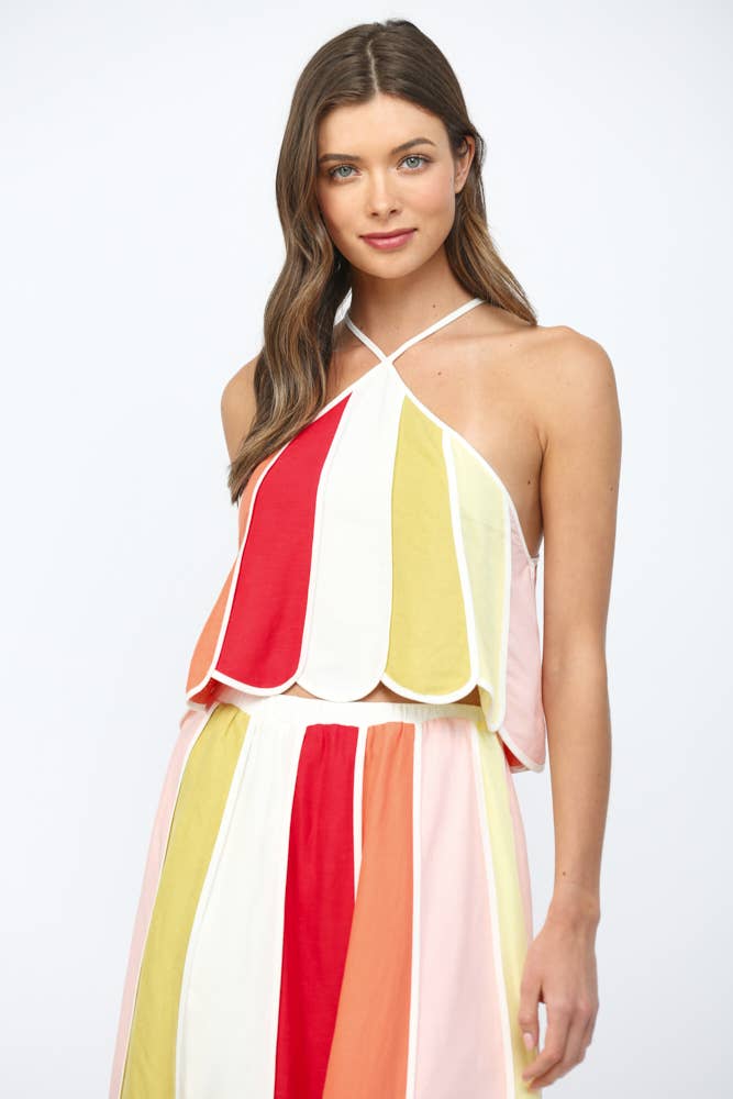 FATE - LINEN BLEND COLOR-BLOCK HALTER CROP TOP FT21298