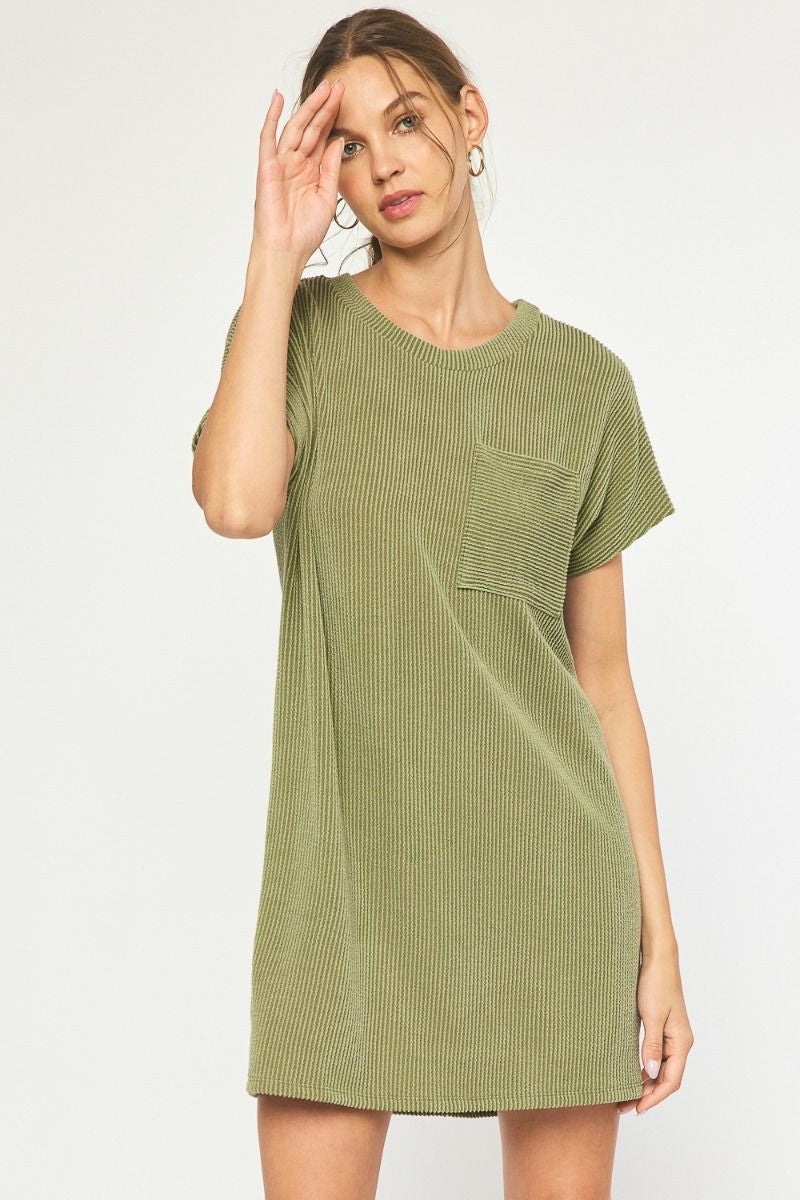 Model featuring army green ribbed t-shirt dress.