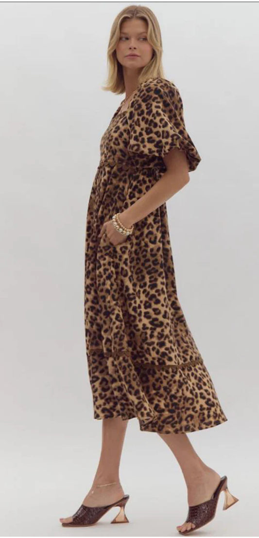 Cheetah Bubble Sleeve Midi Dress