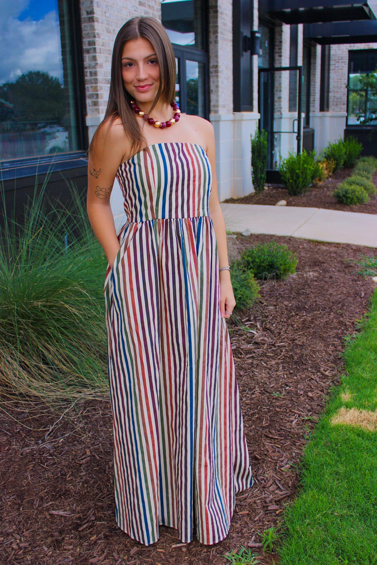 Multi Stripe Strapless Maxi Dress