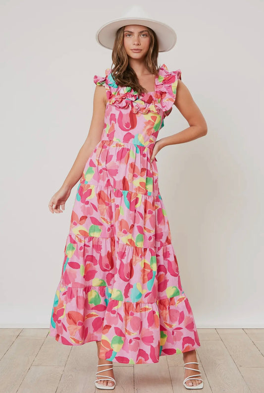 Tied Back Ruffled Floral Maxi Dress