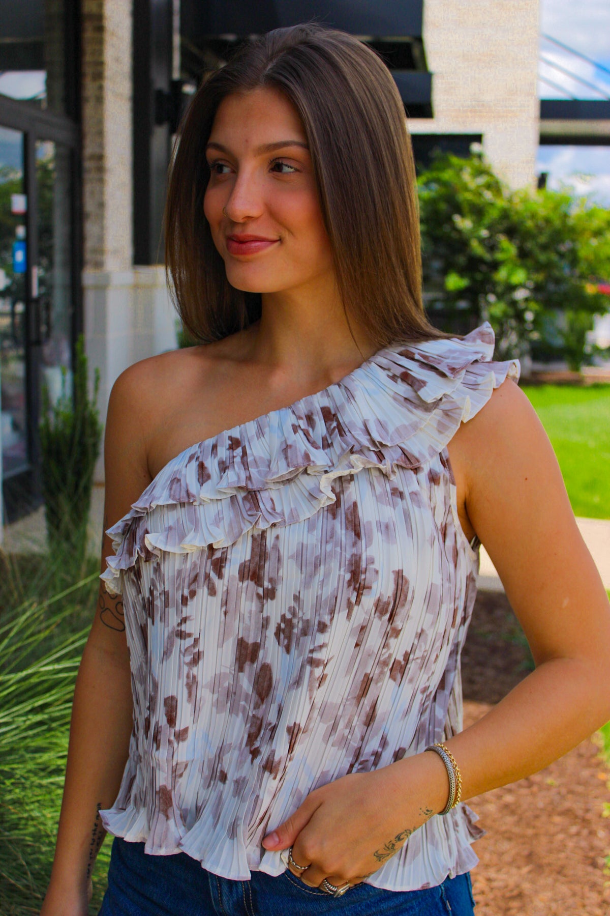 Leaf Print One Shoulder Pleated Top