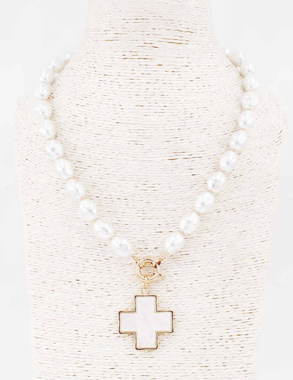 Pearl Acrylic Beaded with Pearlized White Cross 18" Necklace