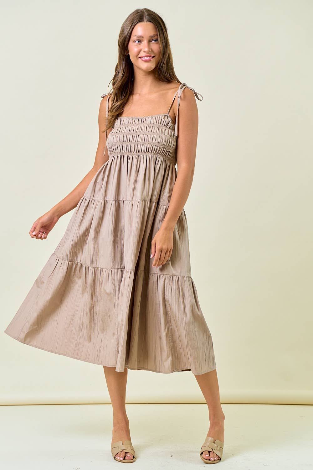Crinkle Textured Tie Strap Tiered Midi Dress