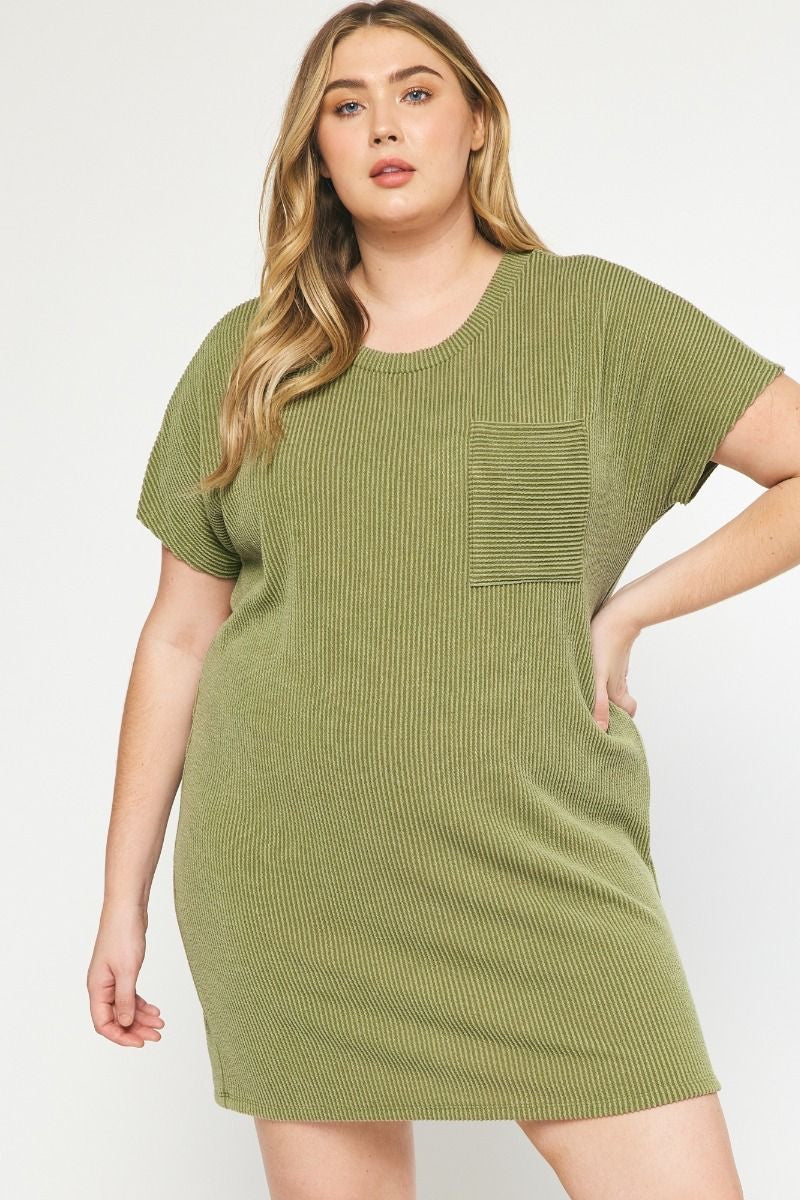 Model featuring army green ribbed t-shirt dress.
