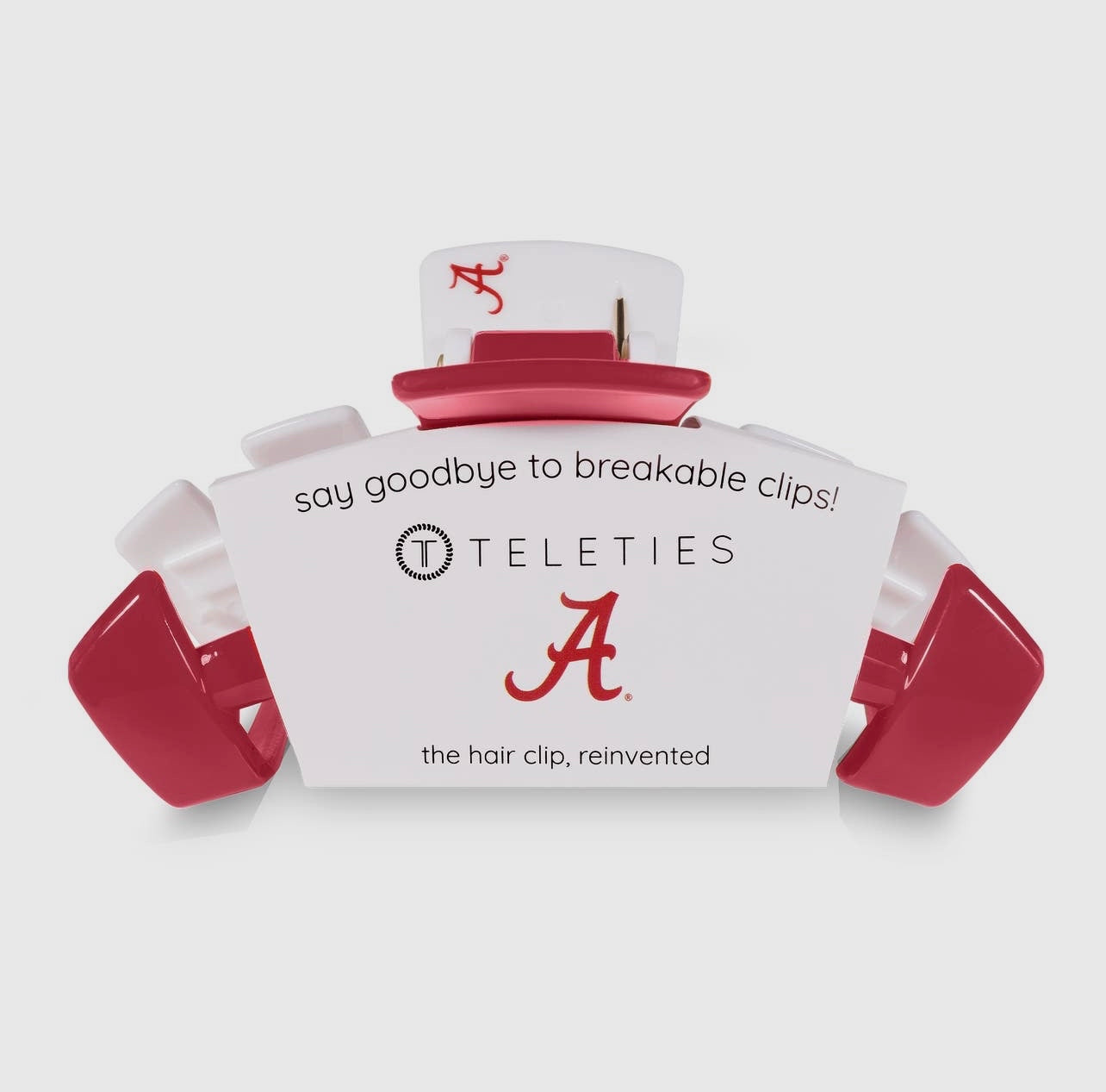 University of Alabama Collegiate Teletie Claw Clip in crimson and white. Side view with packaging.