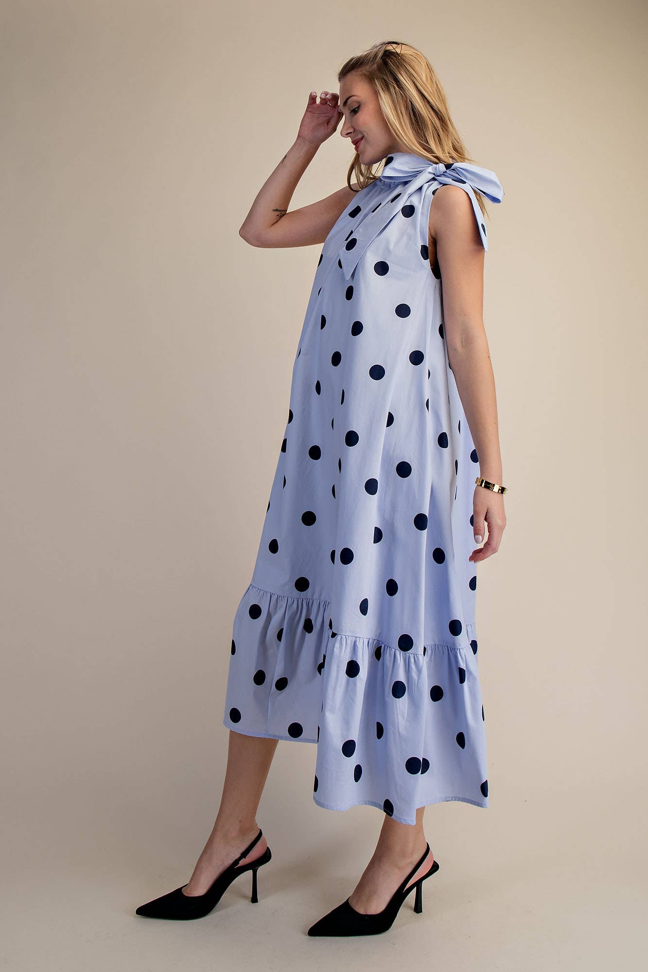 Ruffle Neck Tie Polka Dot Sleeveless Midi Dress