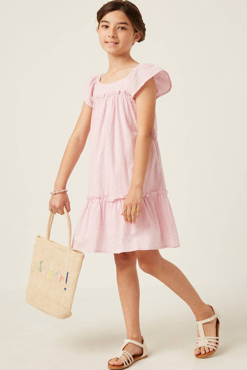 Girls Swiss Dot Ruffled Seamed Ruffle Shoulder Dress