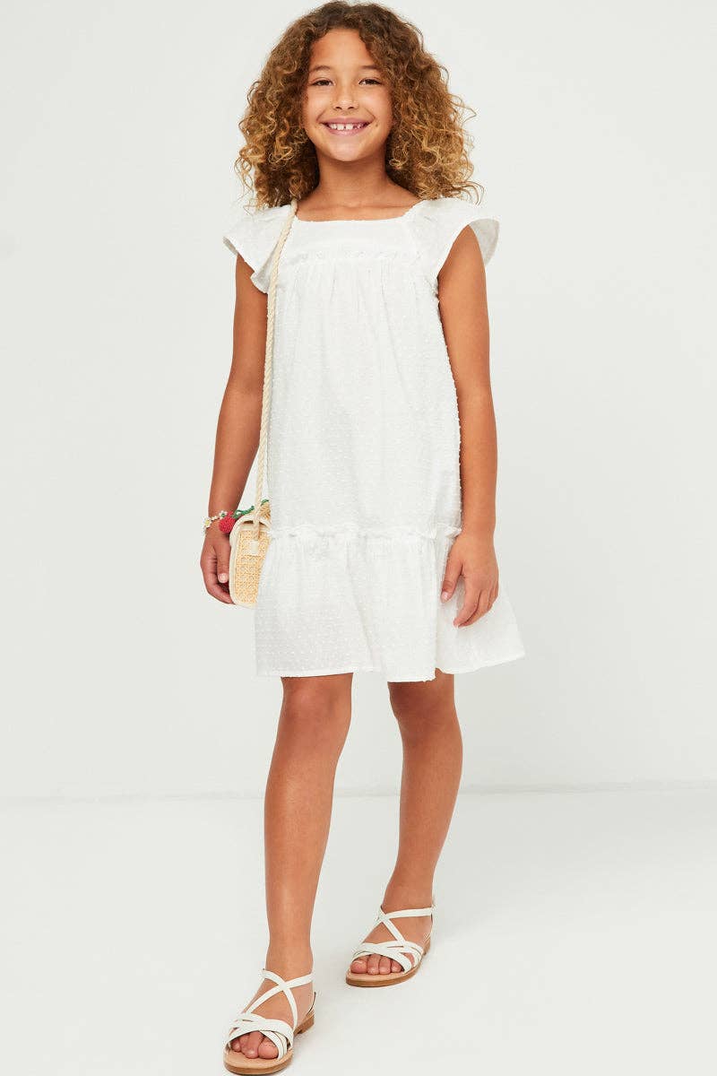 Girls Swiss Dot Ruffled Seamed Ruffle Shoulder Dress