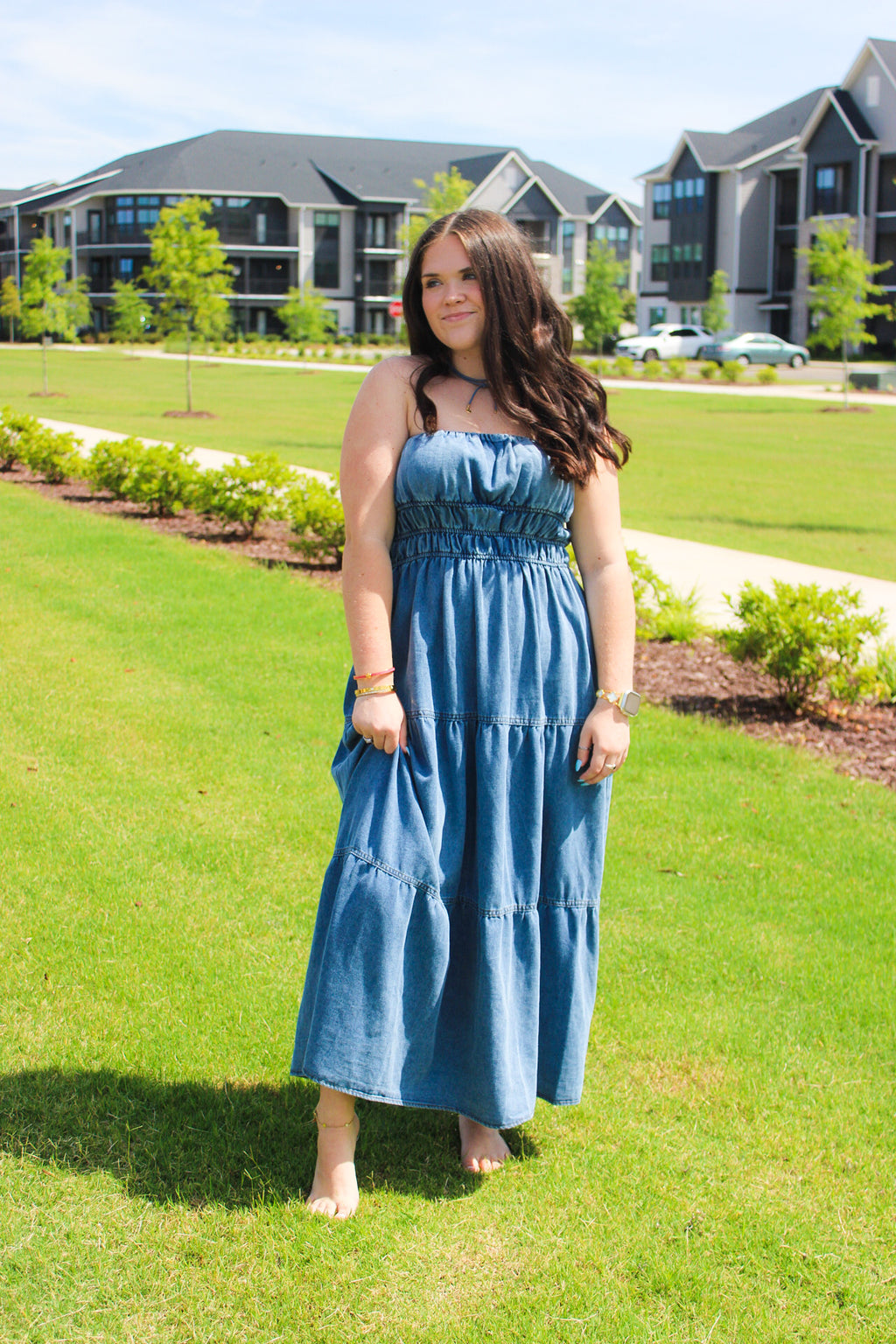 STRAPLESS SHIRRED TIERED DENIM MIDI SUNDRESS