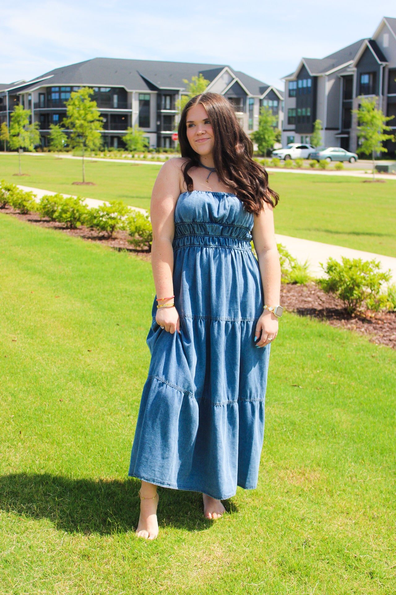STRAPLESS SHIRRED TIERED DENIM MIDI SUNDRESS
