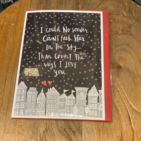 Card featuring a night skyline of a city, with stars. "I could no sooner count each star in the sky than count the ways I love you."