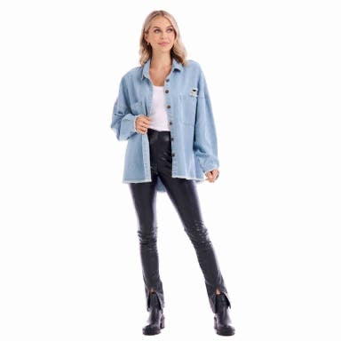 Model featuring blue jean shacket.
