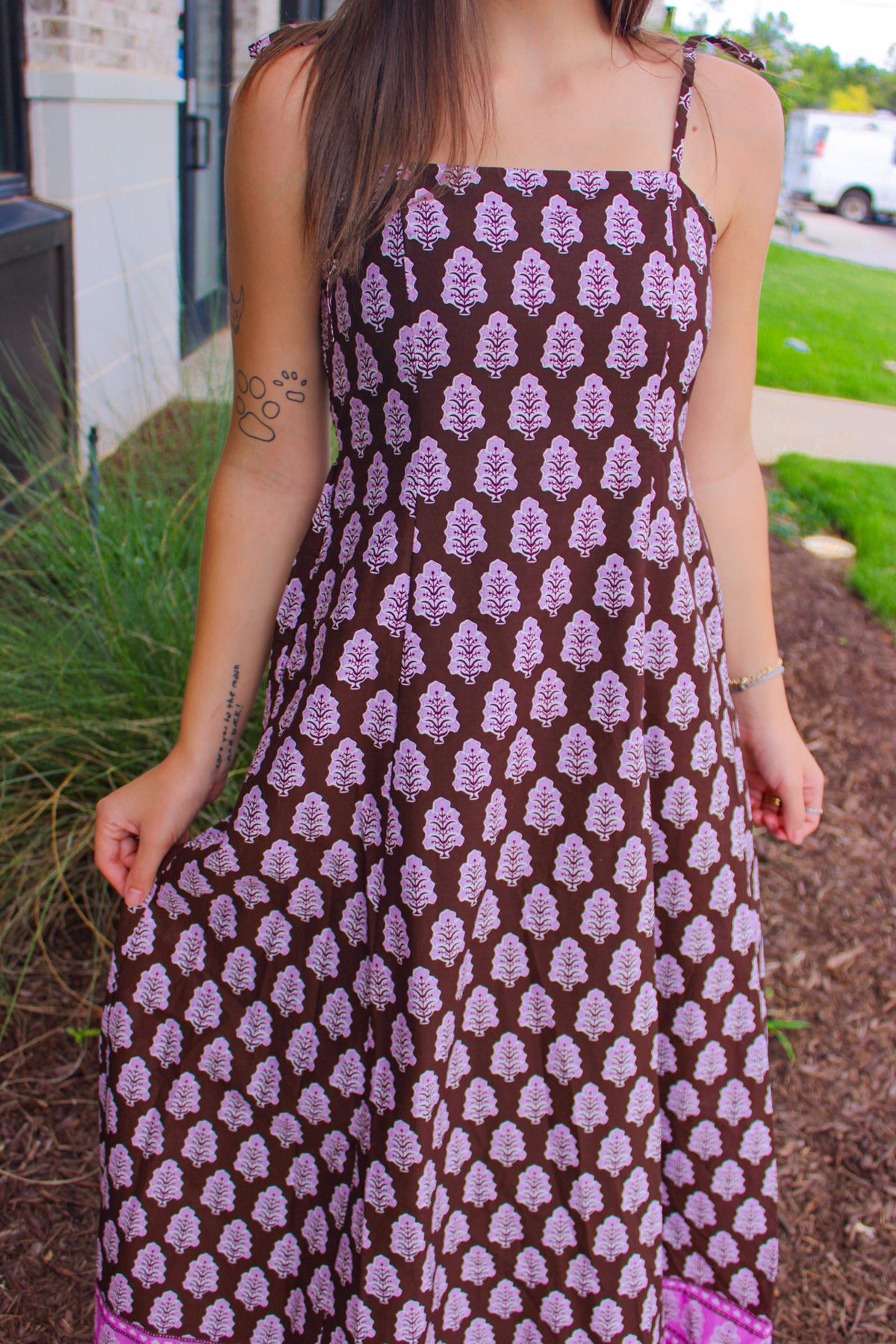Border Print Tie-Shoulder Midi Dress