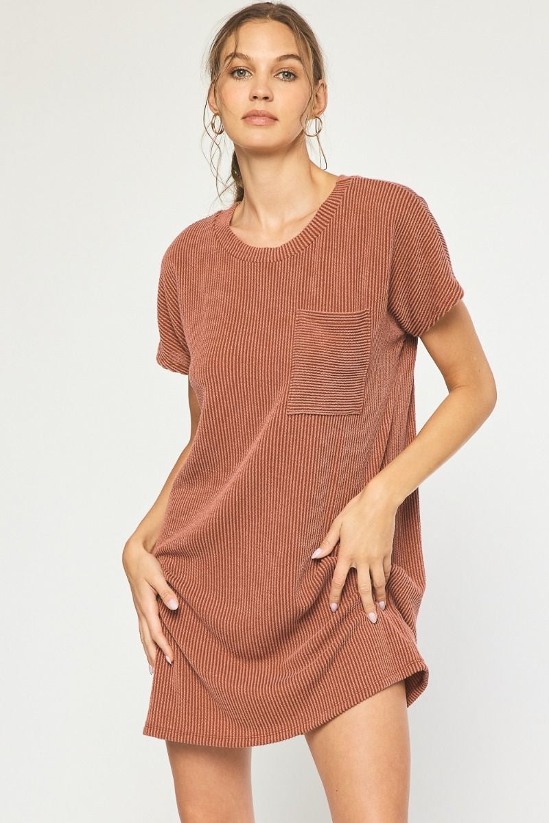 Model featuring rust ribbed t-shirt dress.