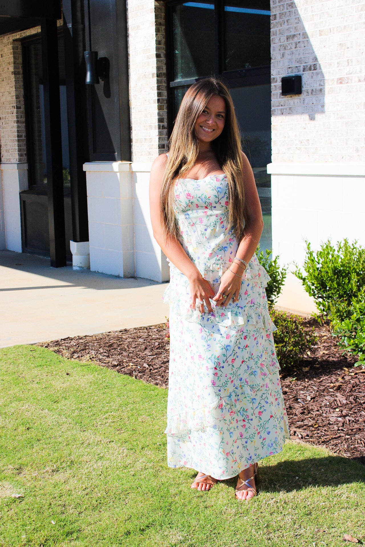 Floral Fantasy Asymmetrical Ruffled Maxi
Dress with Slit