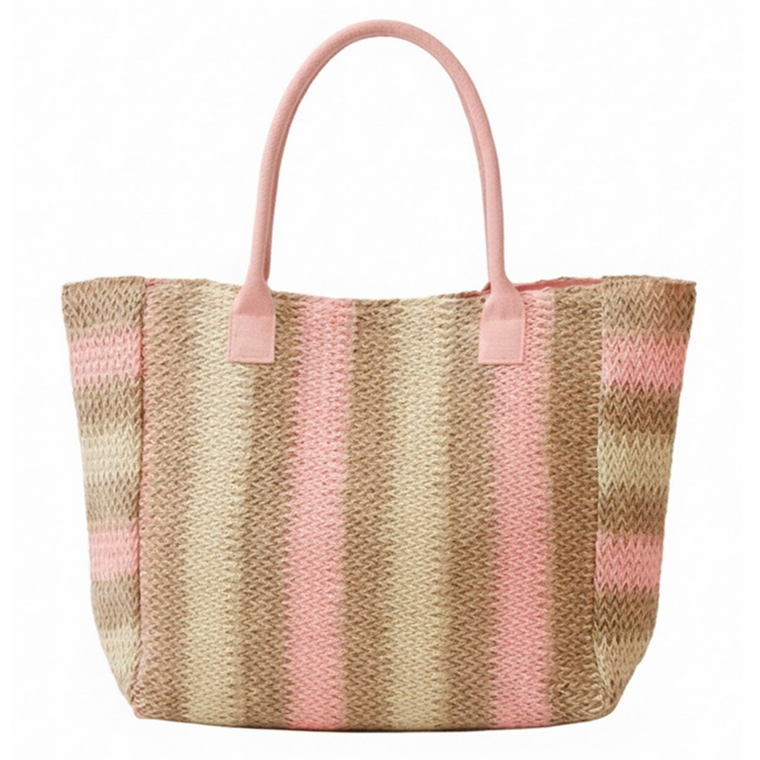 Hana - Multi Color Stripe Pattern Natural Brown Straw Tote Bag