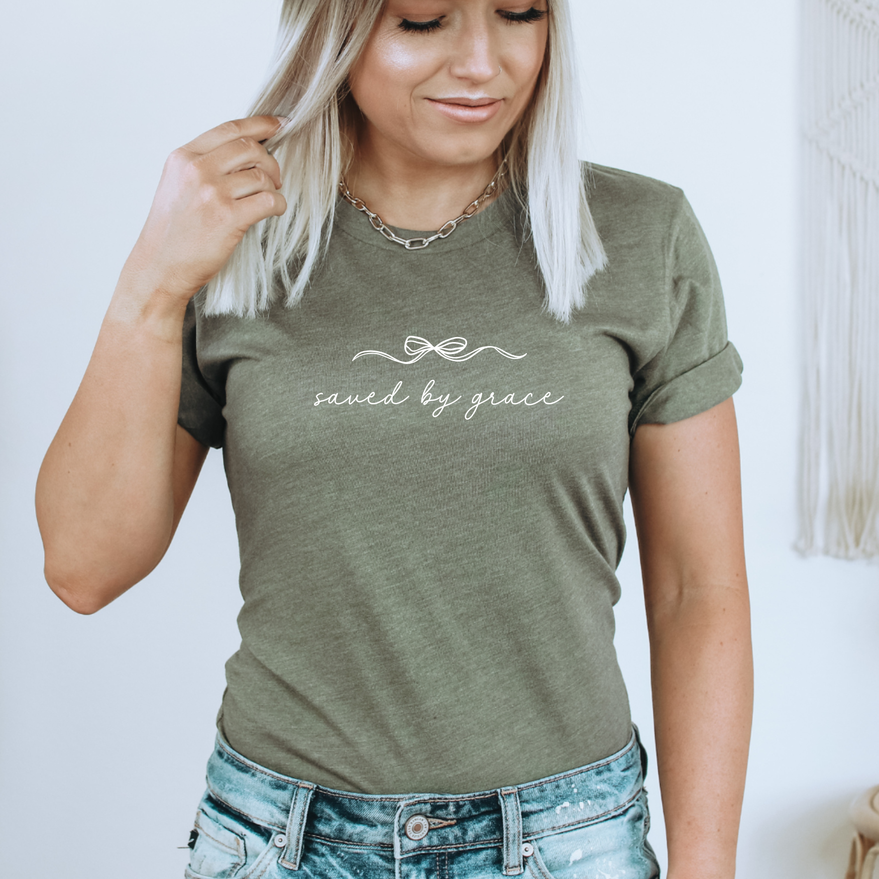 Faith & Life Christian Brands - Saved By Grace Easter Spring Women's Christian Bow T-Shirt