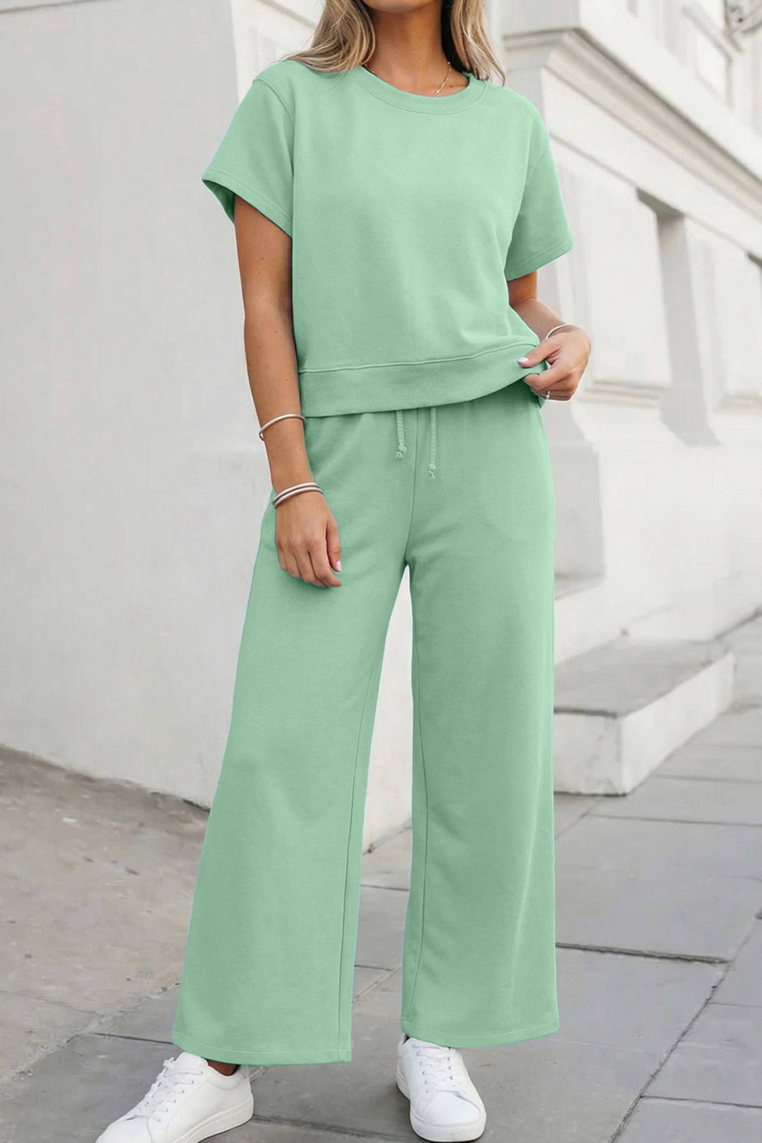 Aapparella - Soft Color Tee & Wide Leg Pants 2pcs Set | S-XL Plus 1X-4X