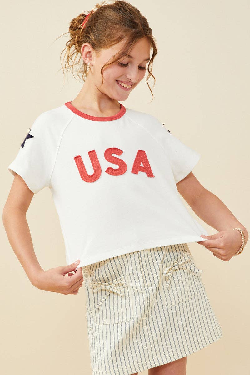 Girls USA And Star Patch Ringer Knit T Shirt