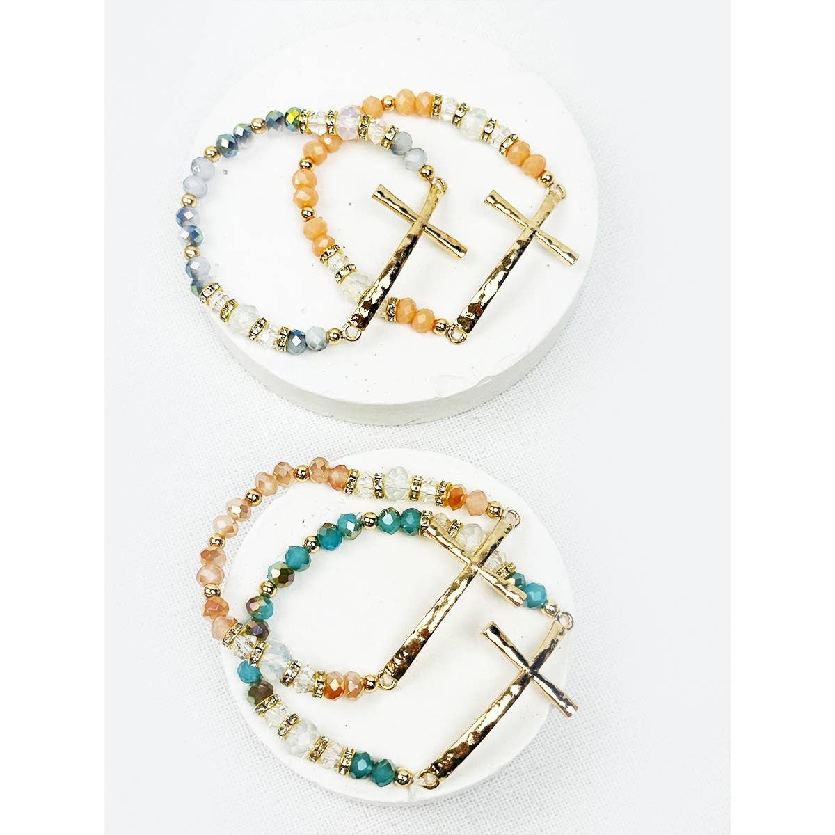 Love and Repeat - Hammered Cross Bead Stretch Bracelet