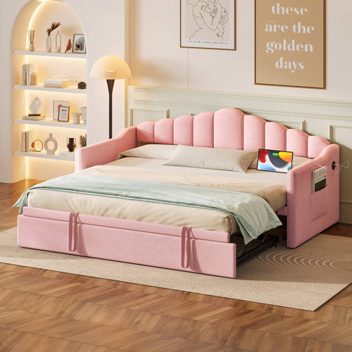 39F Inc. - Velvet Daybed with Pop Up Trundle USB Twin Beige/Pink