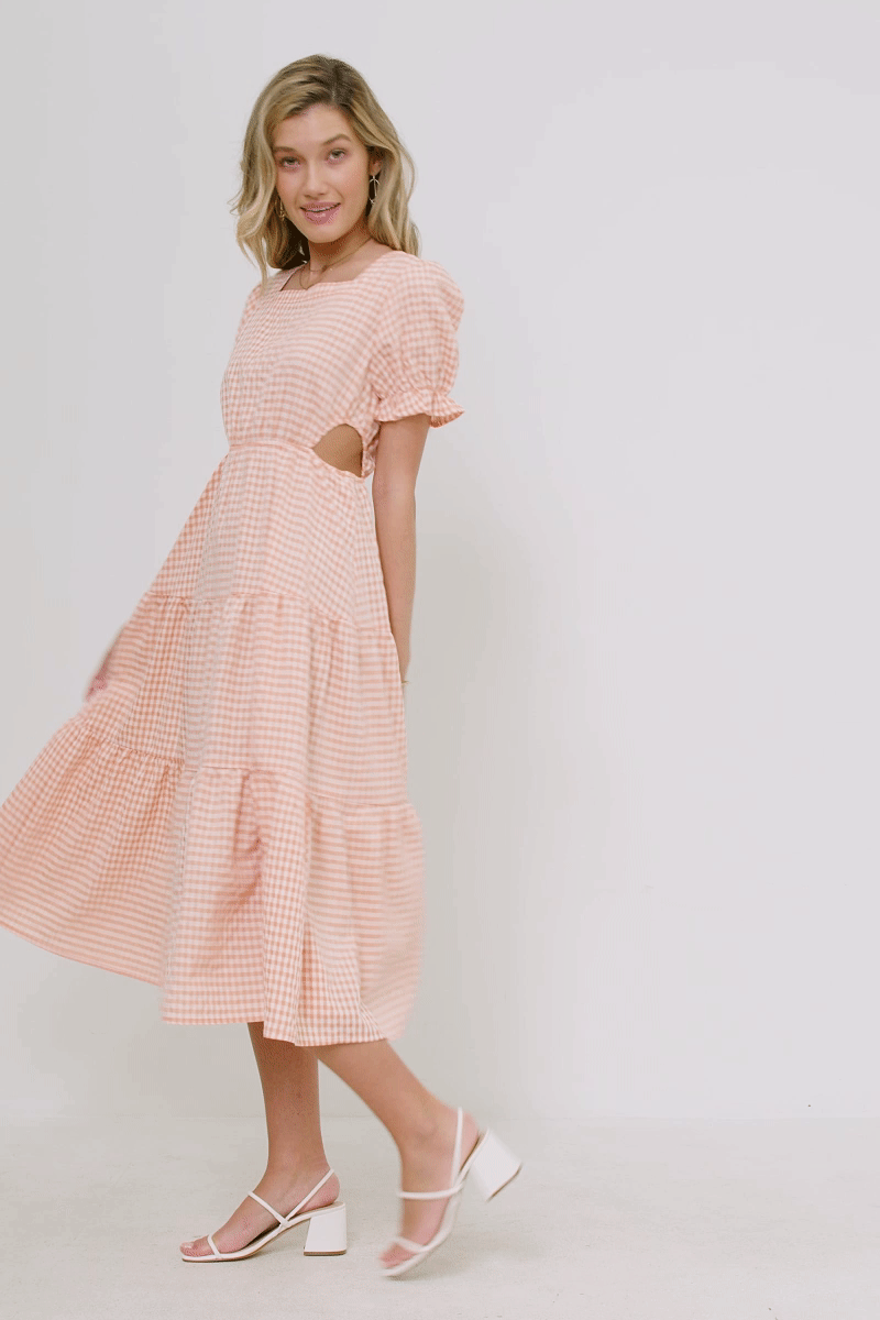 Womens Square Neck Side Cutout Tie Detail Gingham Dresss