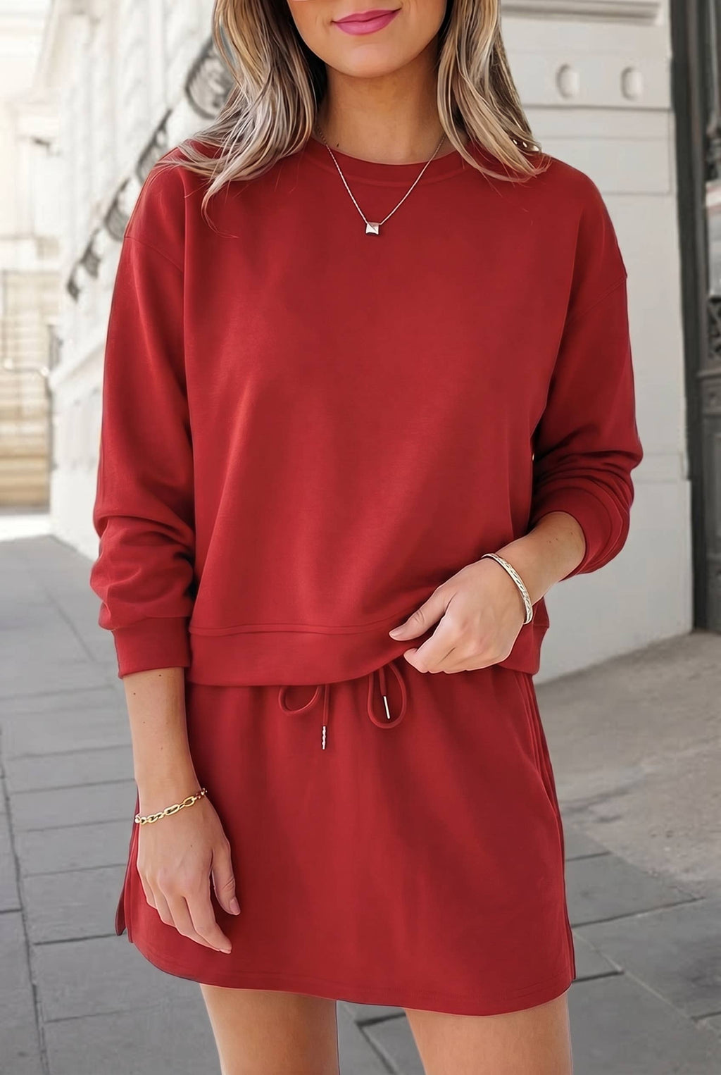 Aapparella - Solid Pullover Drawstring Mini Skirt 2pcs Outfit | S-XL