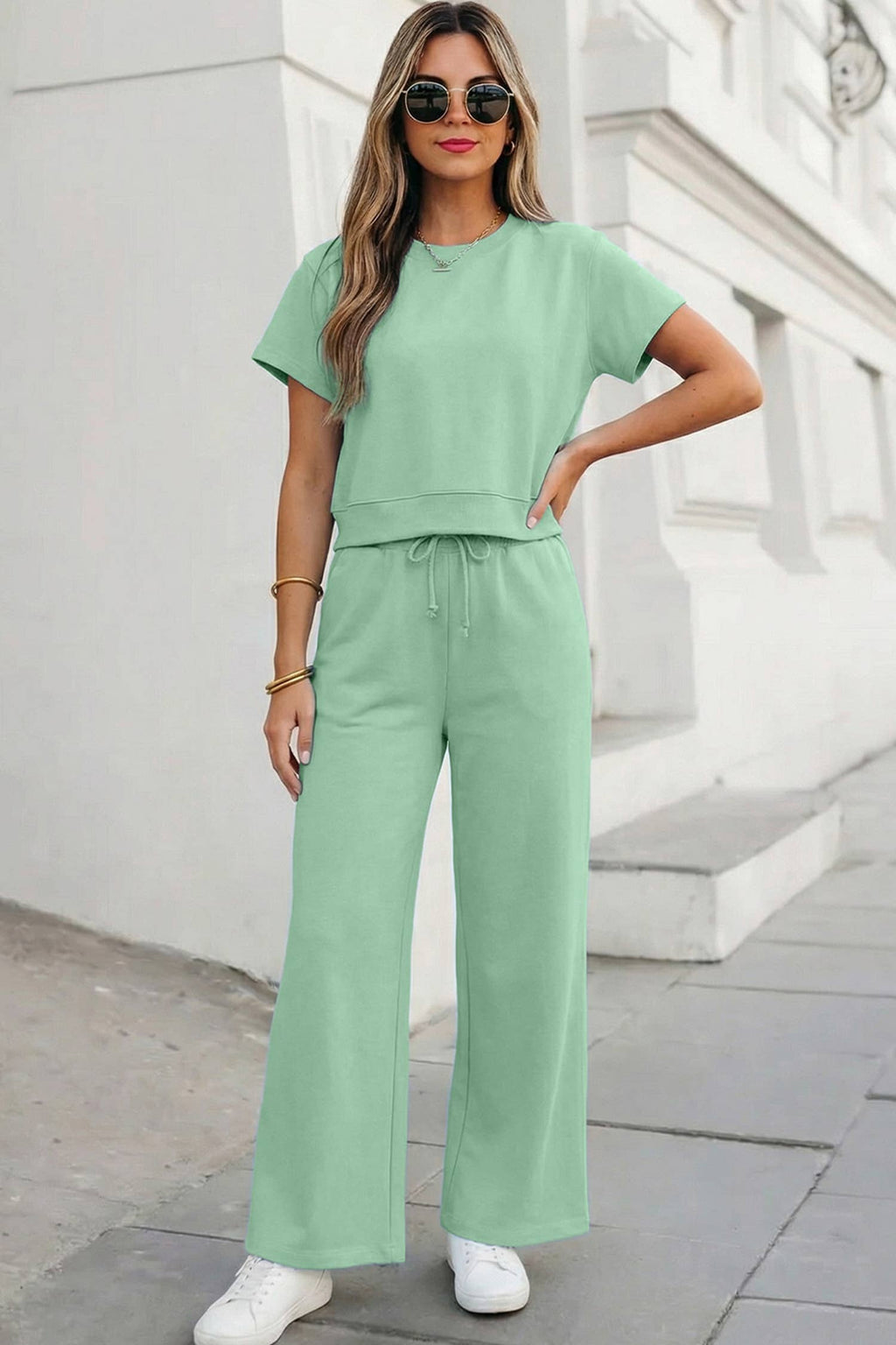 Aapparella - Soft Color Tee & Wide Leg Pants 2pcs Set | S-XL Plus 1X-4X