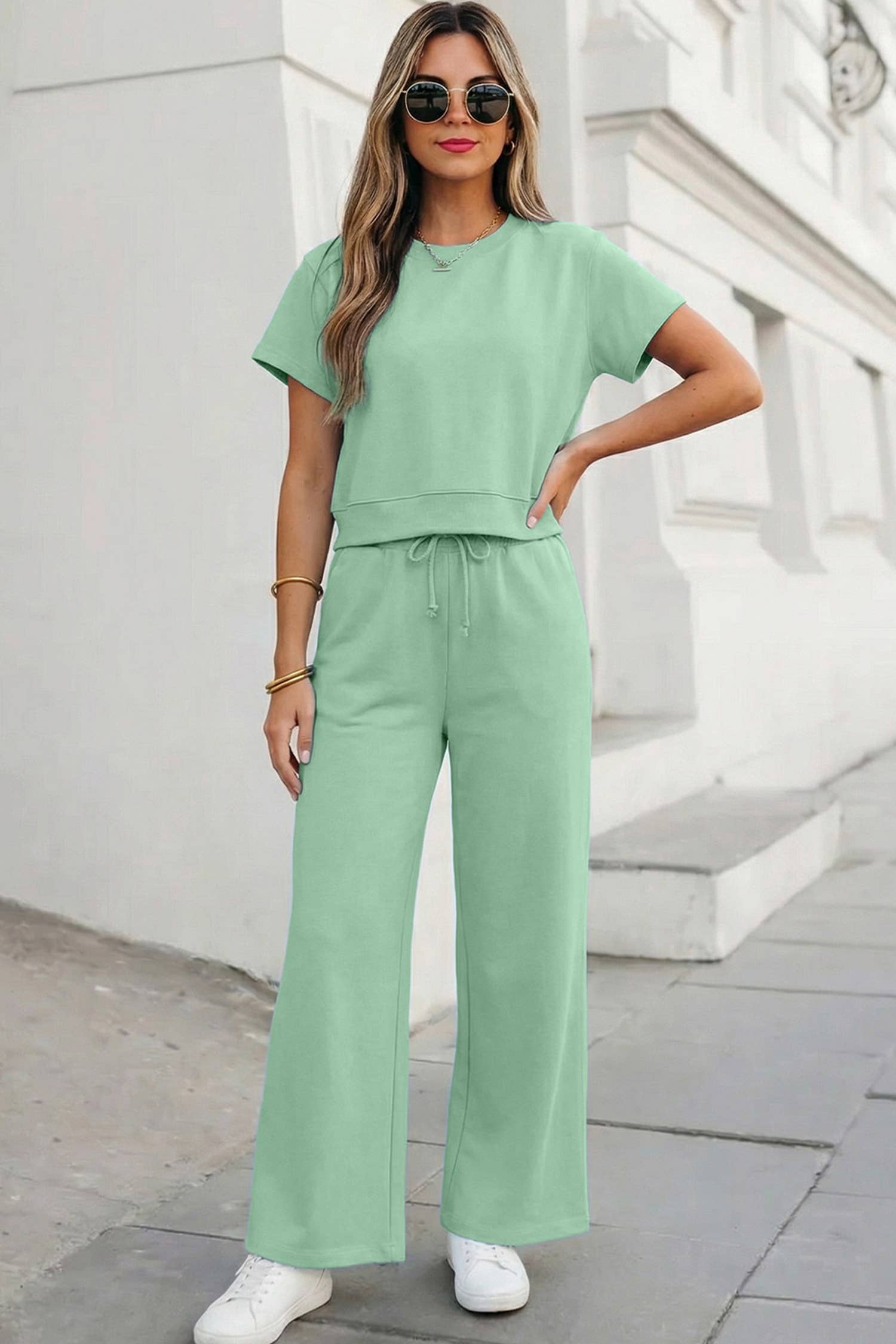 Aapparella - Soft Color Tee & Wide Leg Pants 2pcs Set | S-XL Plus 1X-4X