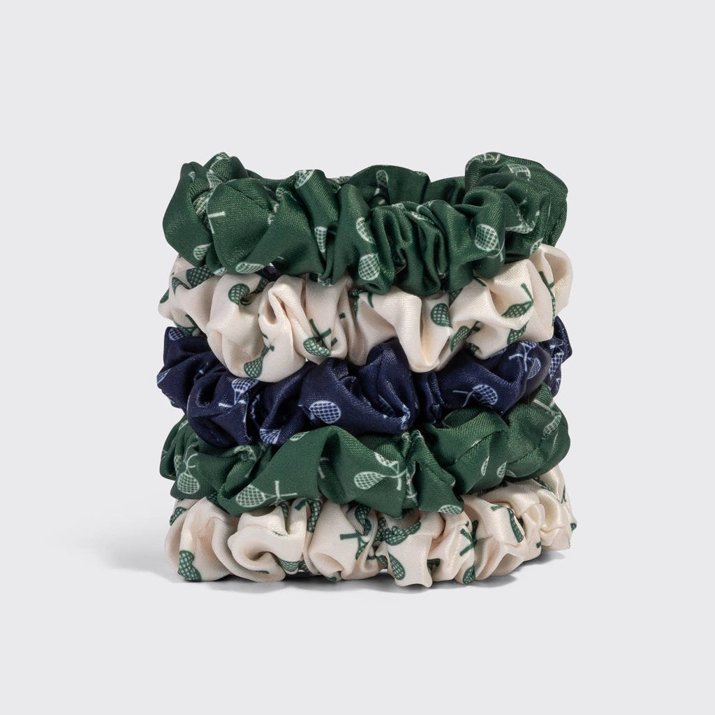 KITSCH - Ruched Satin Scrunchies 5pc Set - Cream, Court Green & Navy Blue