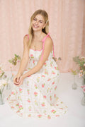 FLORAL TILE PATTERN SCALLOPED TIE STRAP MIDI DRESS