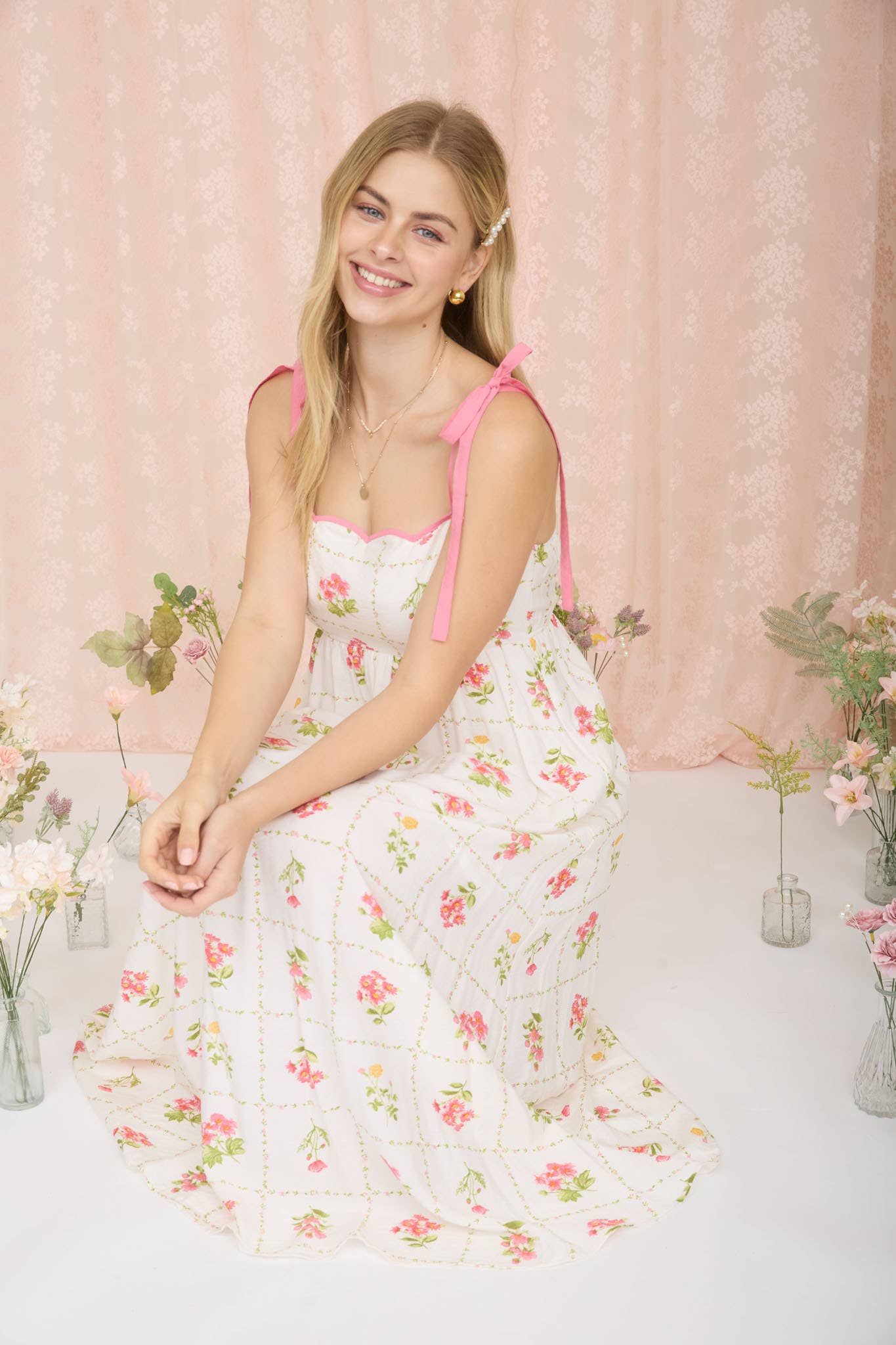 FLORAL TILE PATTERN SCALLOPED TIE STRAP MIDI DRESS