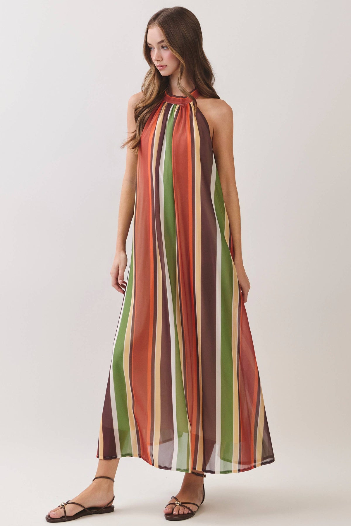 TCEC - CD07529-Multi Stripe Halter Maxi Dress