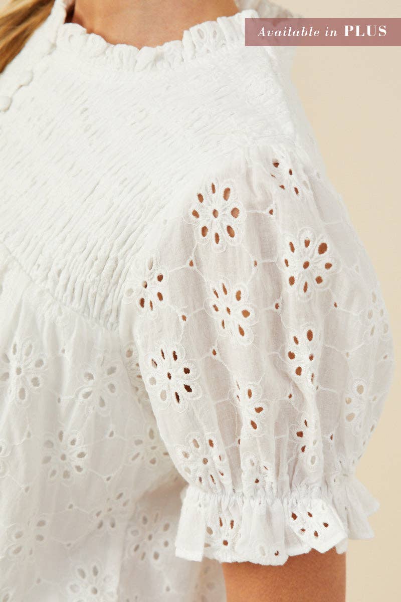 Hayden LA - Womens Floral Eyelet Smocked Button Detail Top