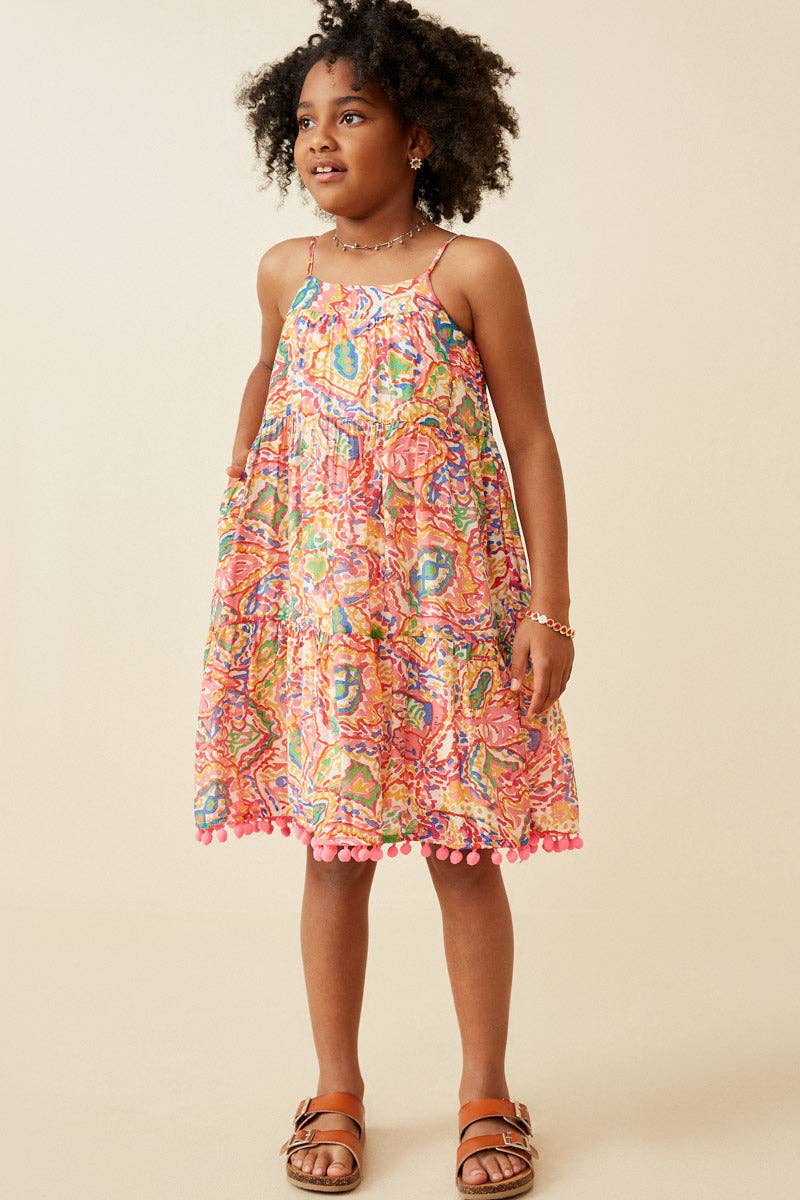 Girls Textured Abstract Floral Pom Pom Hem Dress