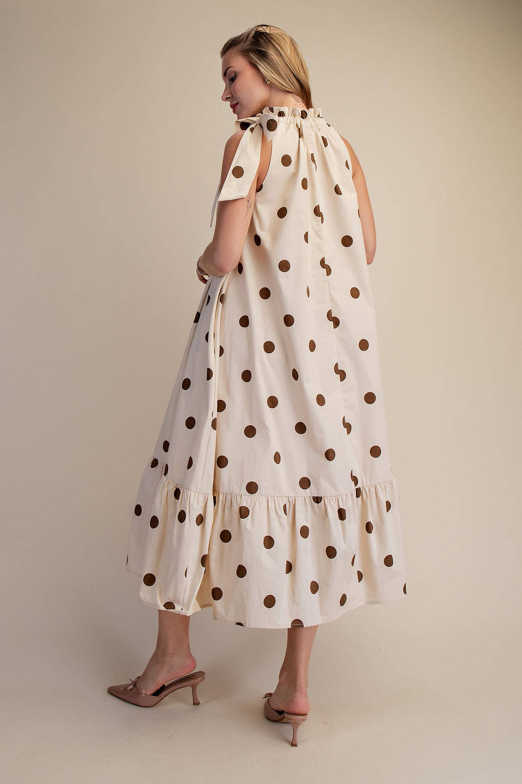 Ruffle Neck Tie Polka Dot Sleeveless Midi Dress