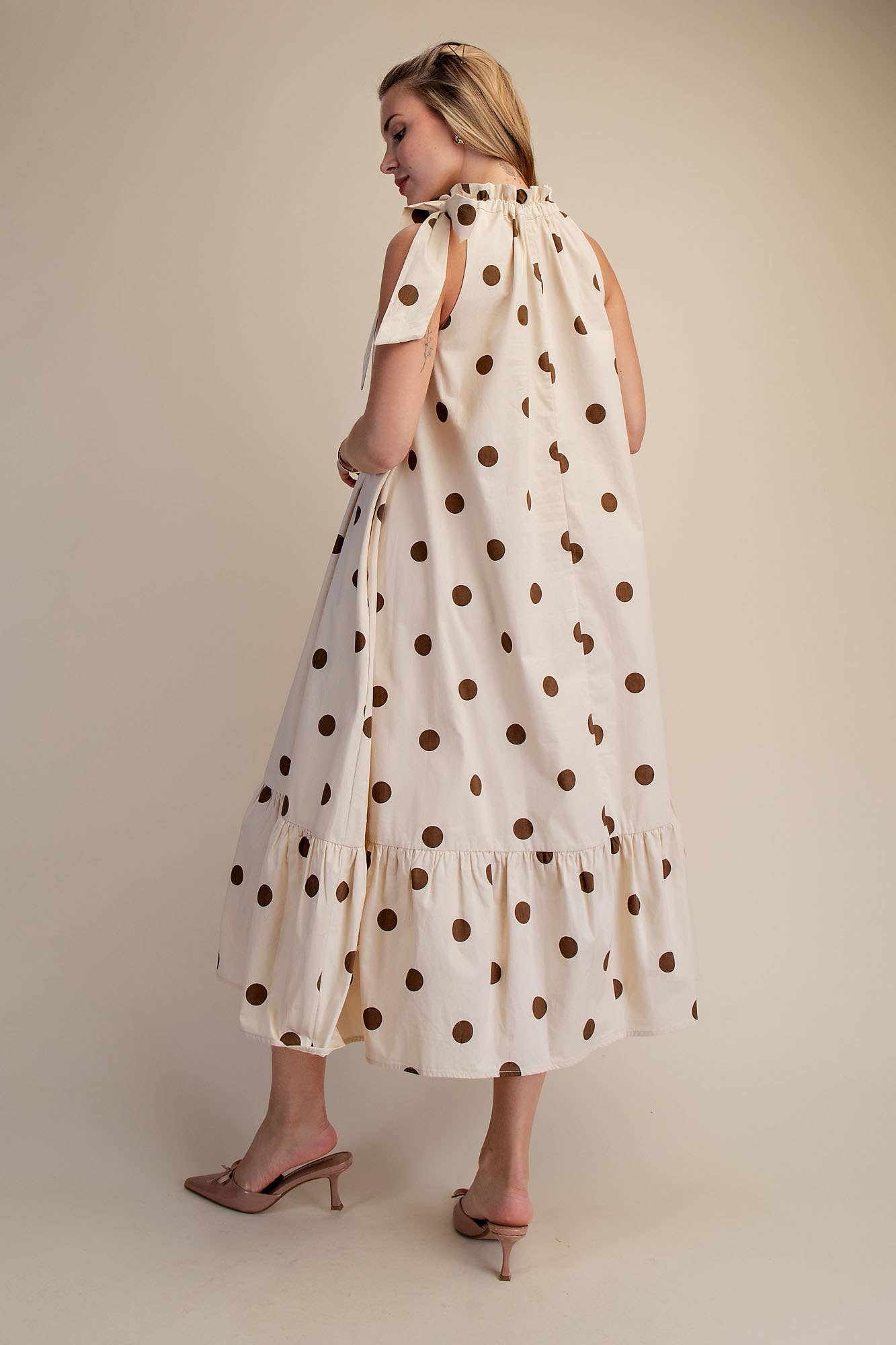 Ruffle Neck Tie Polka Dot Sleeveless Midi Dress