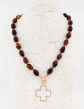 Brown Acrylic Beaded with Pearlized White Cross 18" Necklace