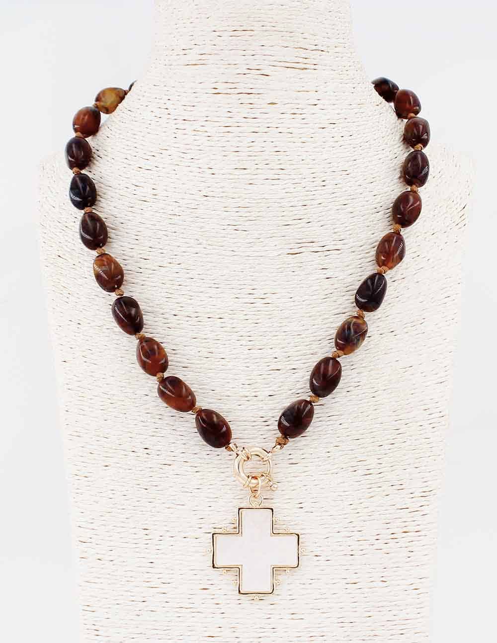 Brown Acrylic Beaded with Pearlized White Cross 18" Necklace