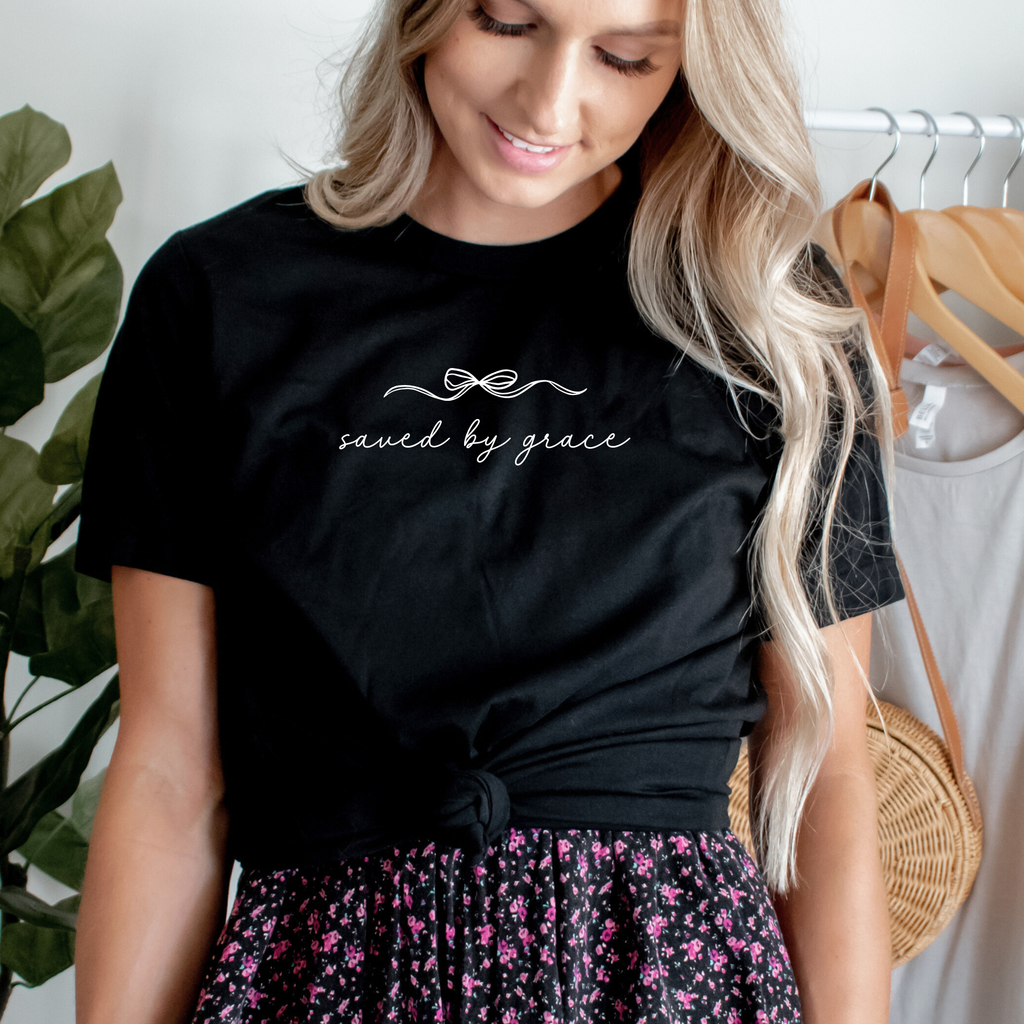 Faith & Life Christian Brands - Saved By Grace Easter Spring Women's Christian Bow T-Shirt