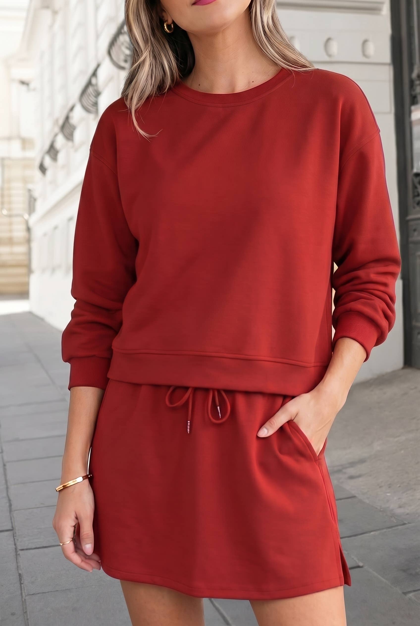Aapparella - Solid Pullover Drawstring Mini Skirt 2pcs Outfit | S-XL