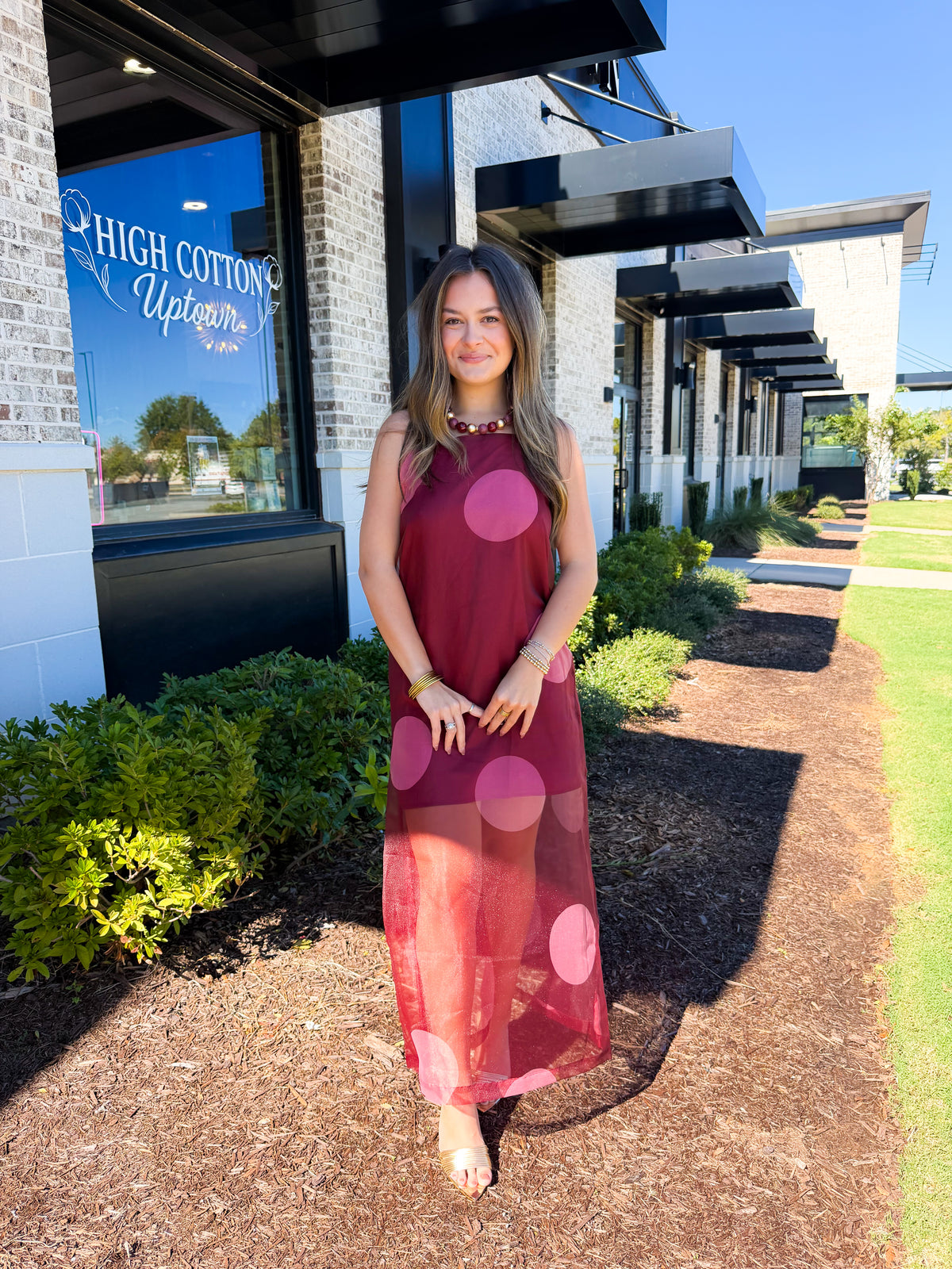 Polka Dot Sheer Overlay Maxi Dress