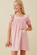 Girls Patch Pocket Square Neck Ruffled Dress