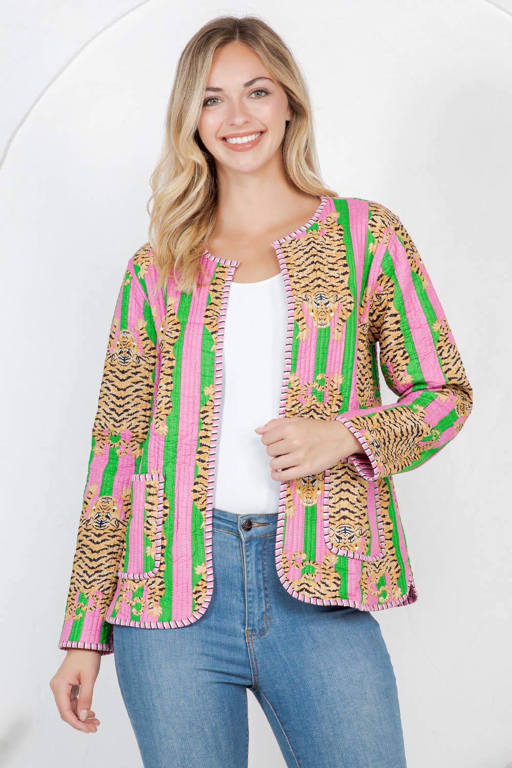 LA Soul - Tiger Print Quilted Cotton Jacket - Pink