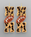 Dangle earrings featuring "MOM" in leopard print and "o" as a beaded football.